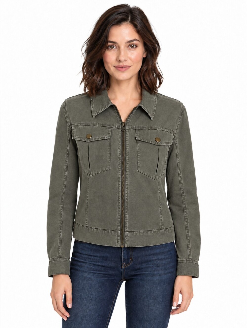 Womens Olive Zip-Front Casual Jacket